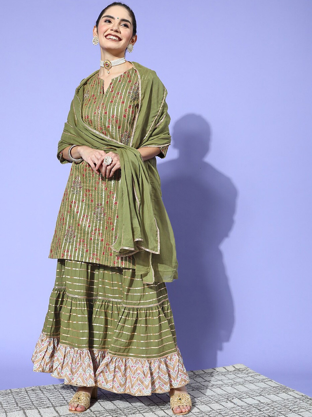 

Ishin Women Green Floral Printed Gotta Patti Kurta with Sharara & With Dupatta