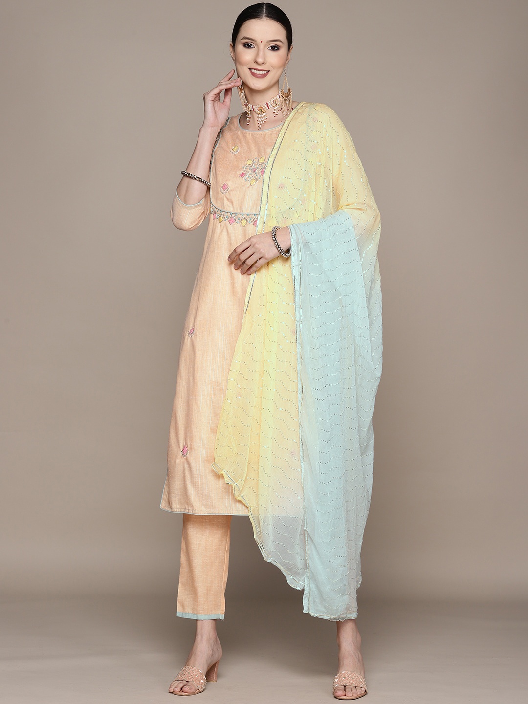 

Ishin Women Floral Embroidered Kurta with Trousers & Dupatta, Peach