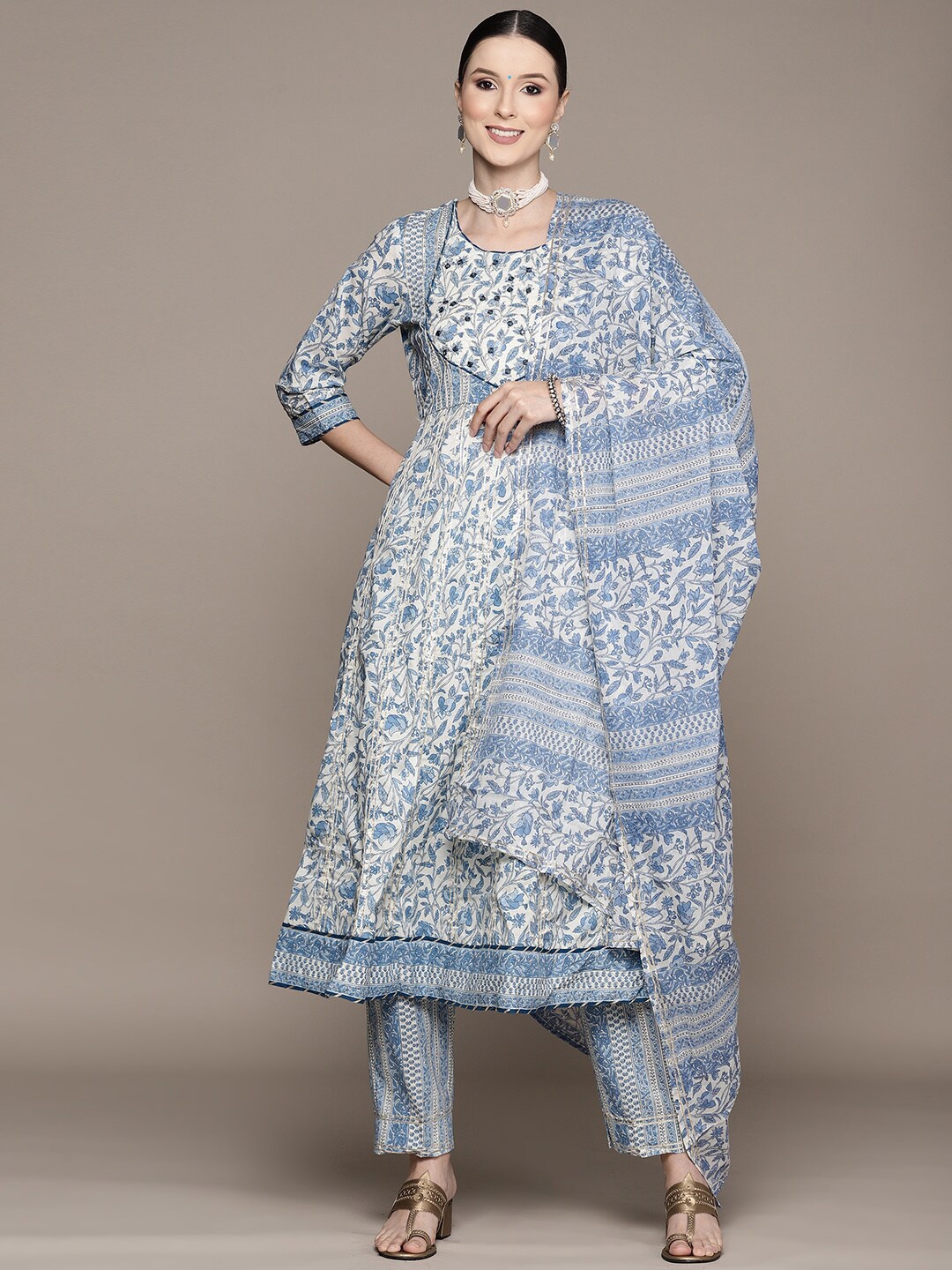 

Ishin Women Printed Pure Cotton Kurta with Trousers & Dupatta, Blue