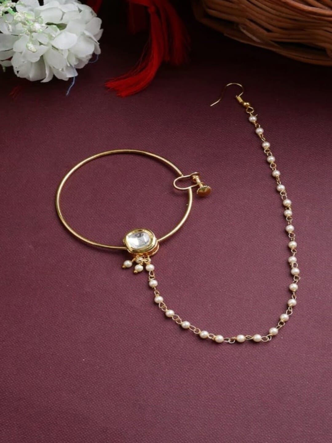 

Runjhun Gold-Plated Kundan-Studded Clip-on Nose Ring With Pearl Extension, White