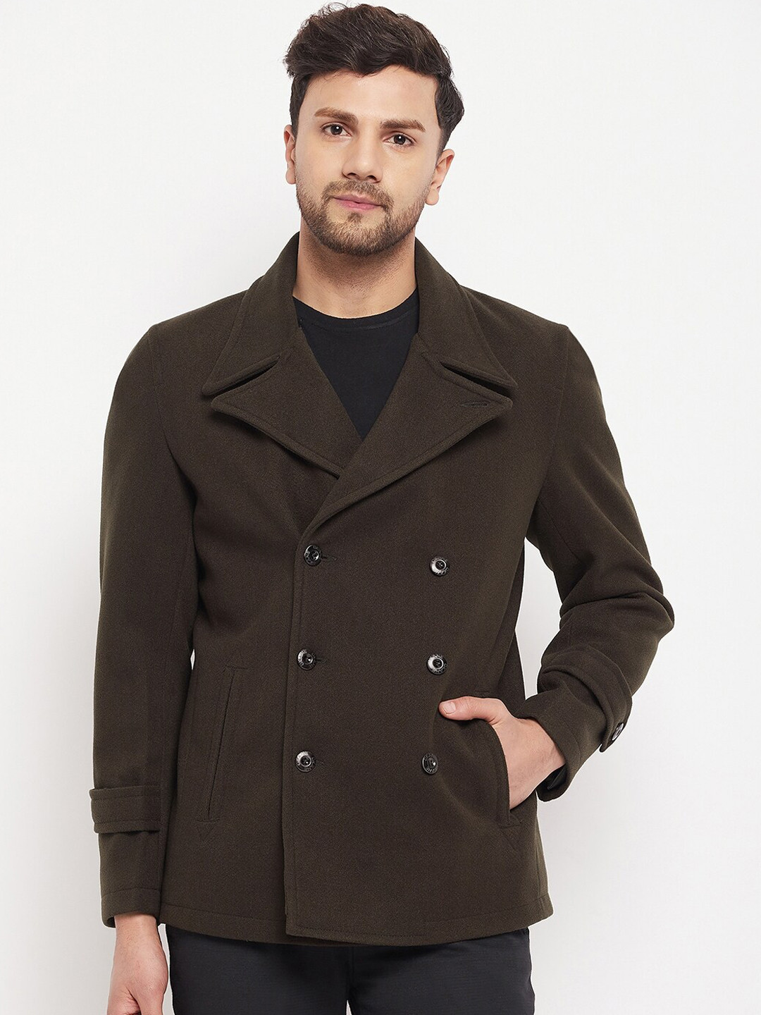 

Okane Men Double-Breasted Wool Overcoat, Olive