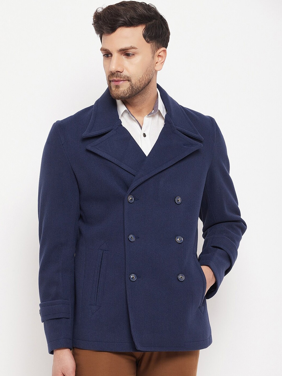 

Okane Men Plus Size Double-Breasted Casual Overcoat, Blue