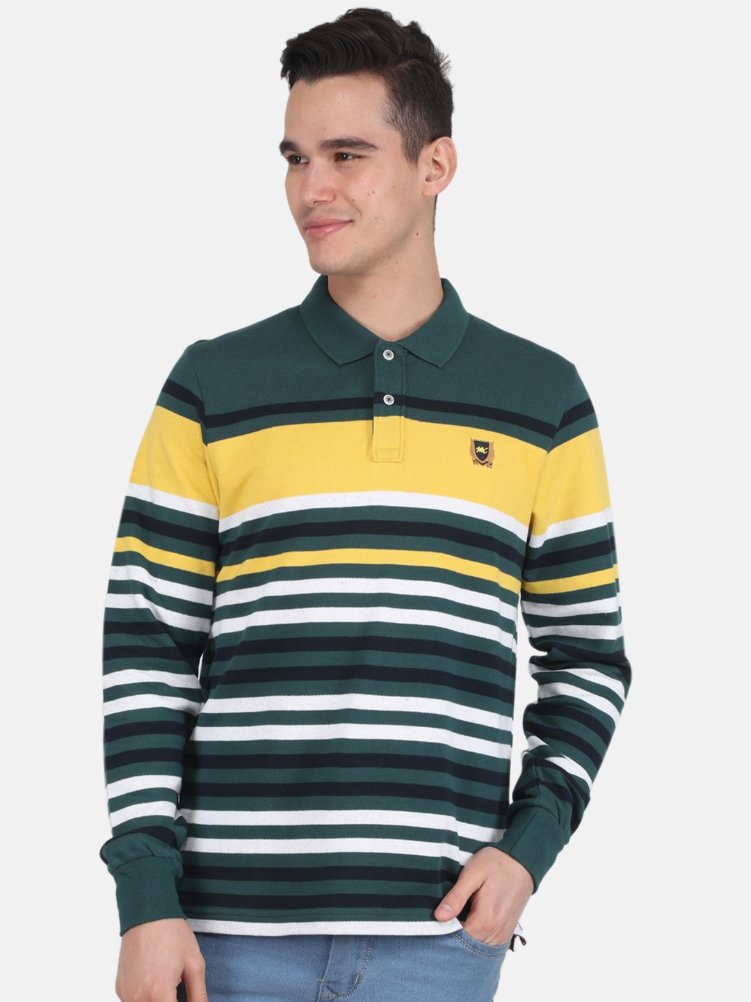 

Monte Carlo Men Striped Polo Collar Cotton T-shirt, Teal