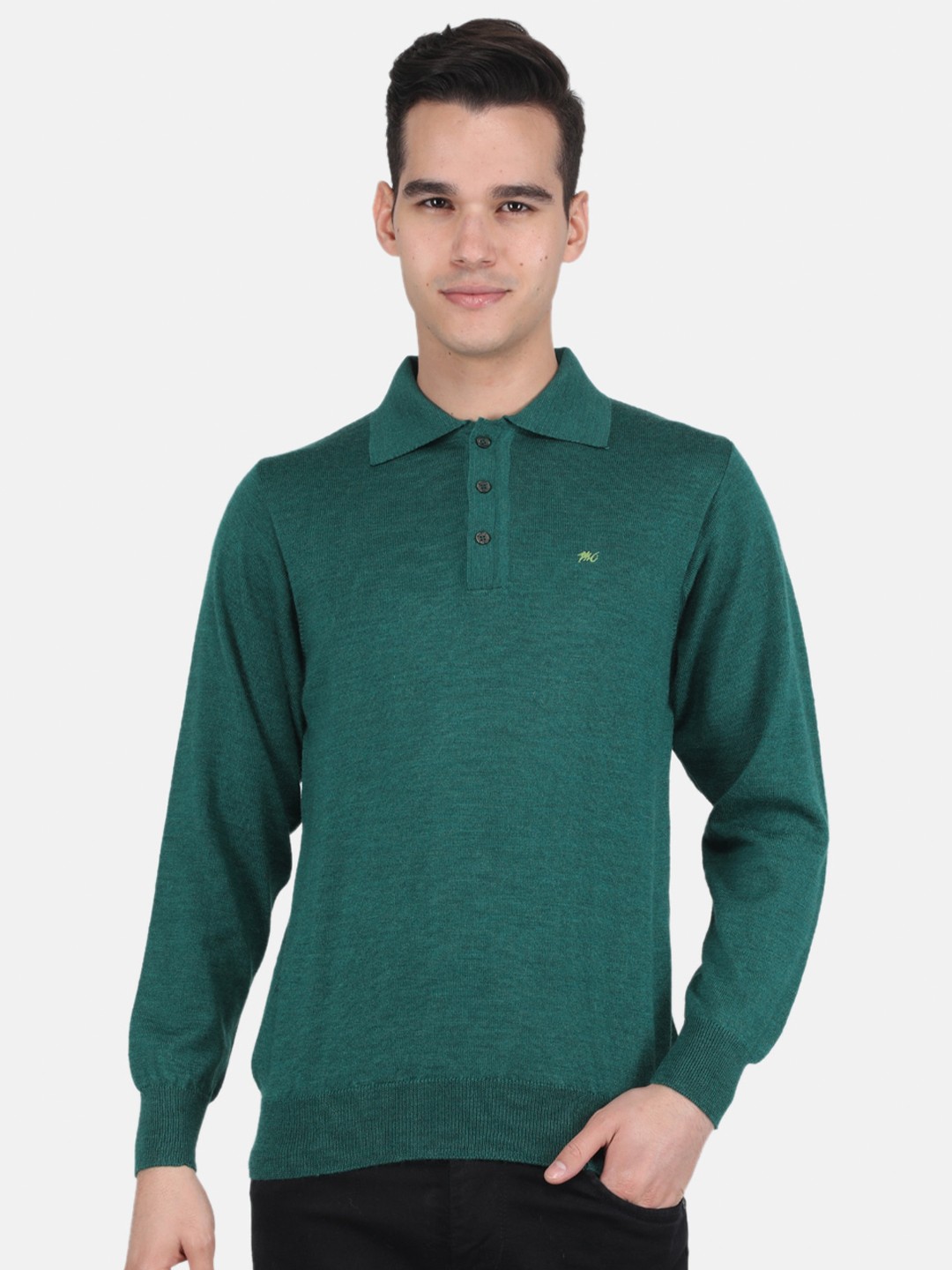 

Monte Carlo Men Polo Collar Long Sleeve Wool T-shirt, Green