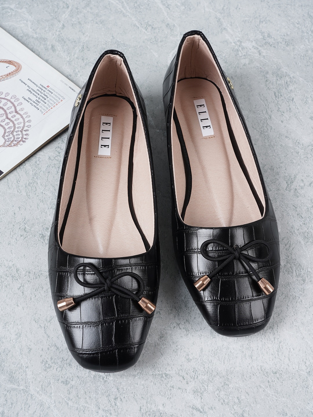 

ELLE Women Textured Bows Ballerinas, Black