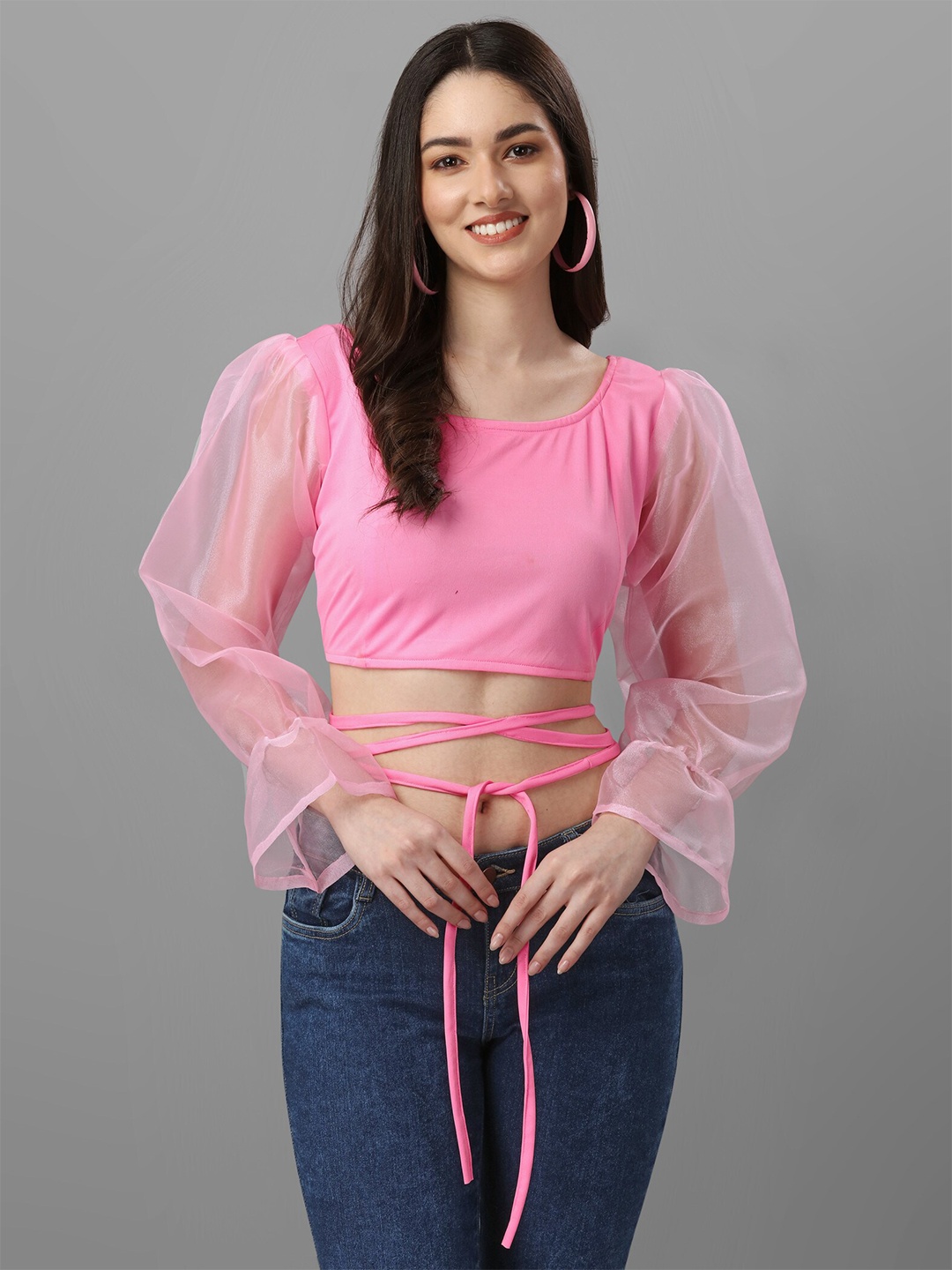 

Urban Luxe Waist Tie-Up Puff Sleeves Crop Top, Pink