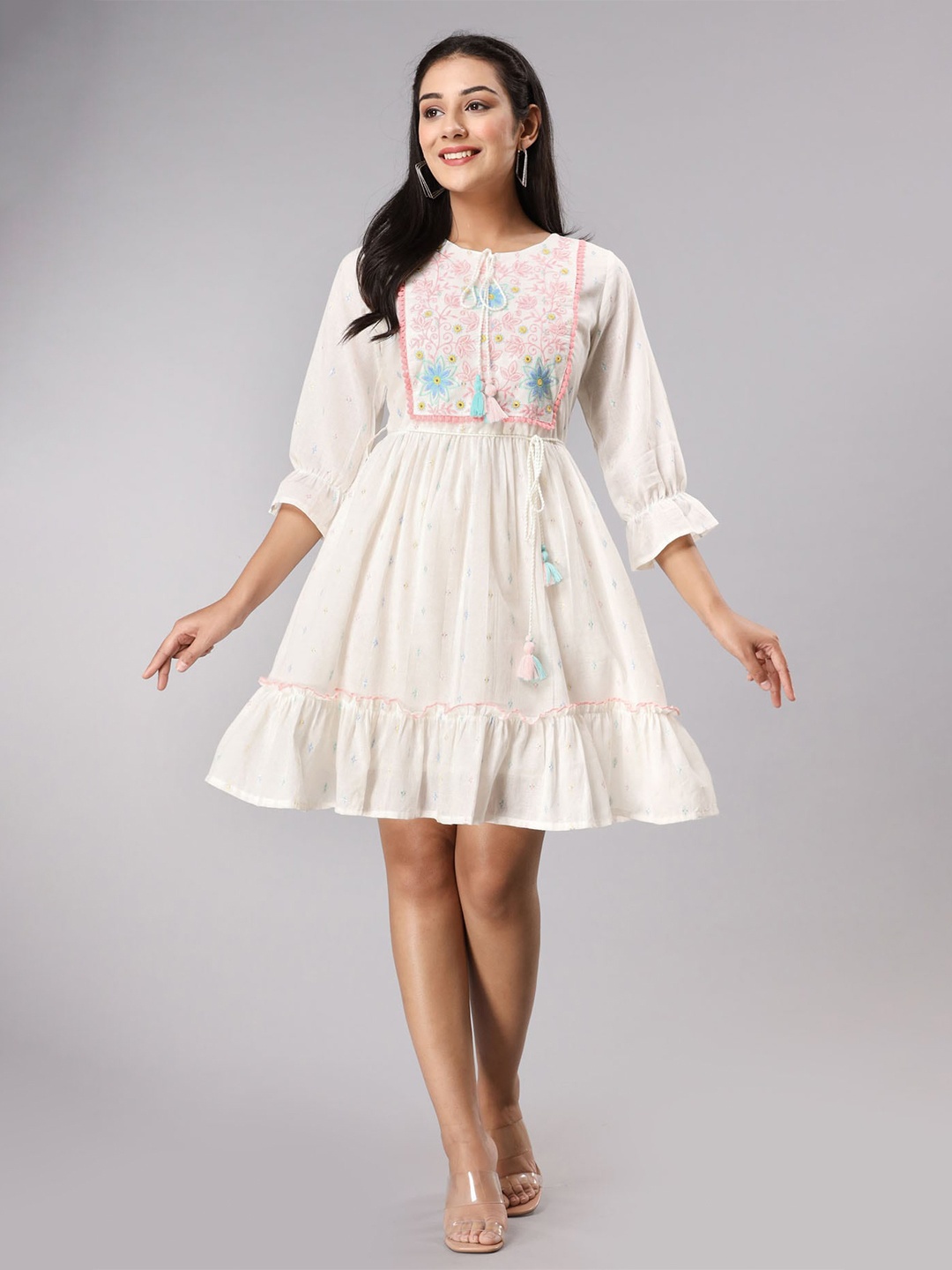 

FASHION DWAR Floral Embroidered Cotton Dress, Cream