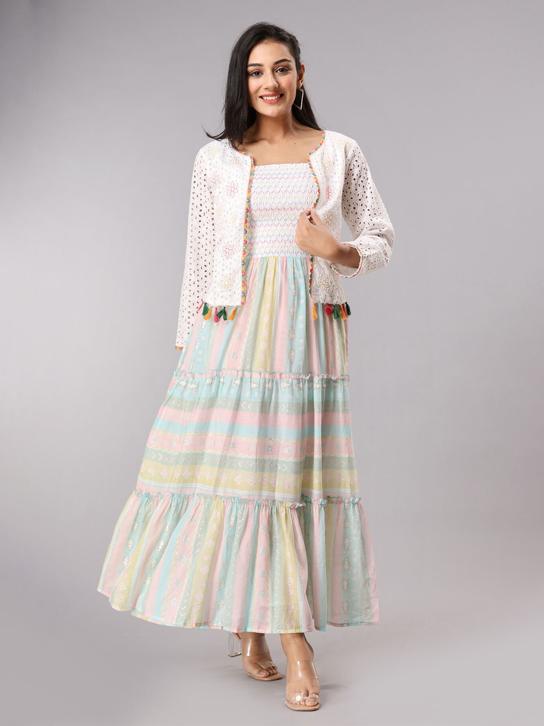

FASHION DWAR Striped A-Line Maxi Cotton Dress, White