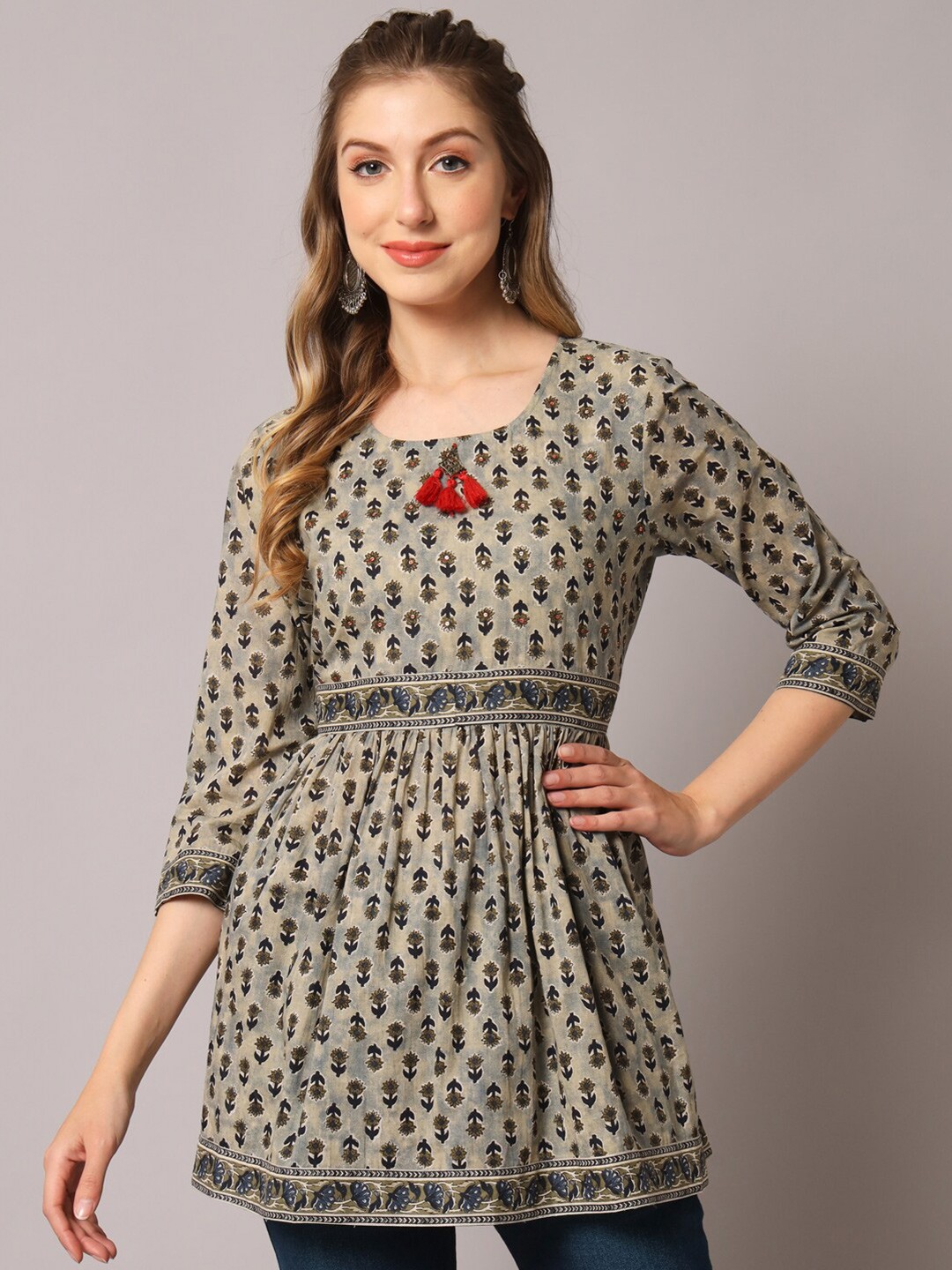 

PREKSHA Ethnic Printed Pure Cotton Kurti, Beige
