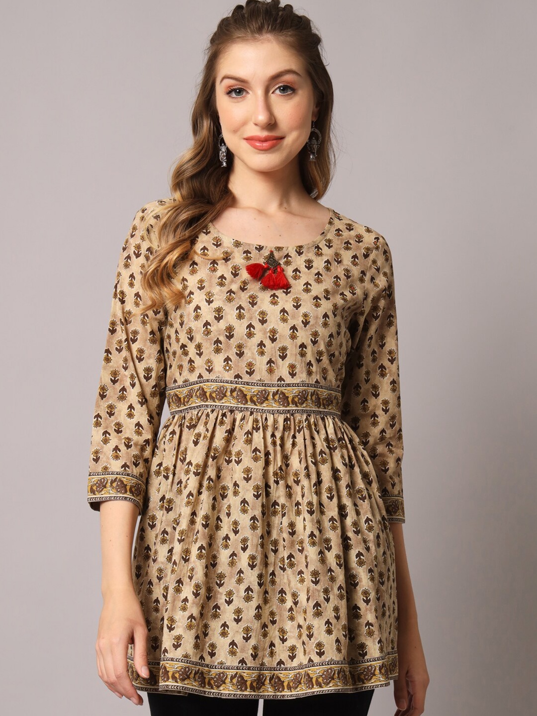 

PREKSHA Ethnic Printed Pure Cotton Kurti, Brown