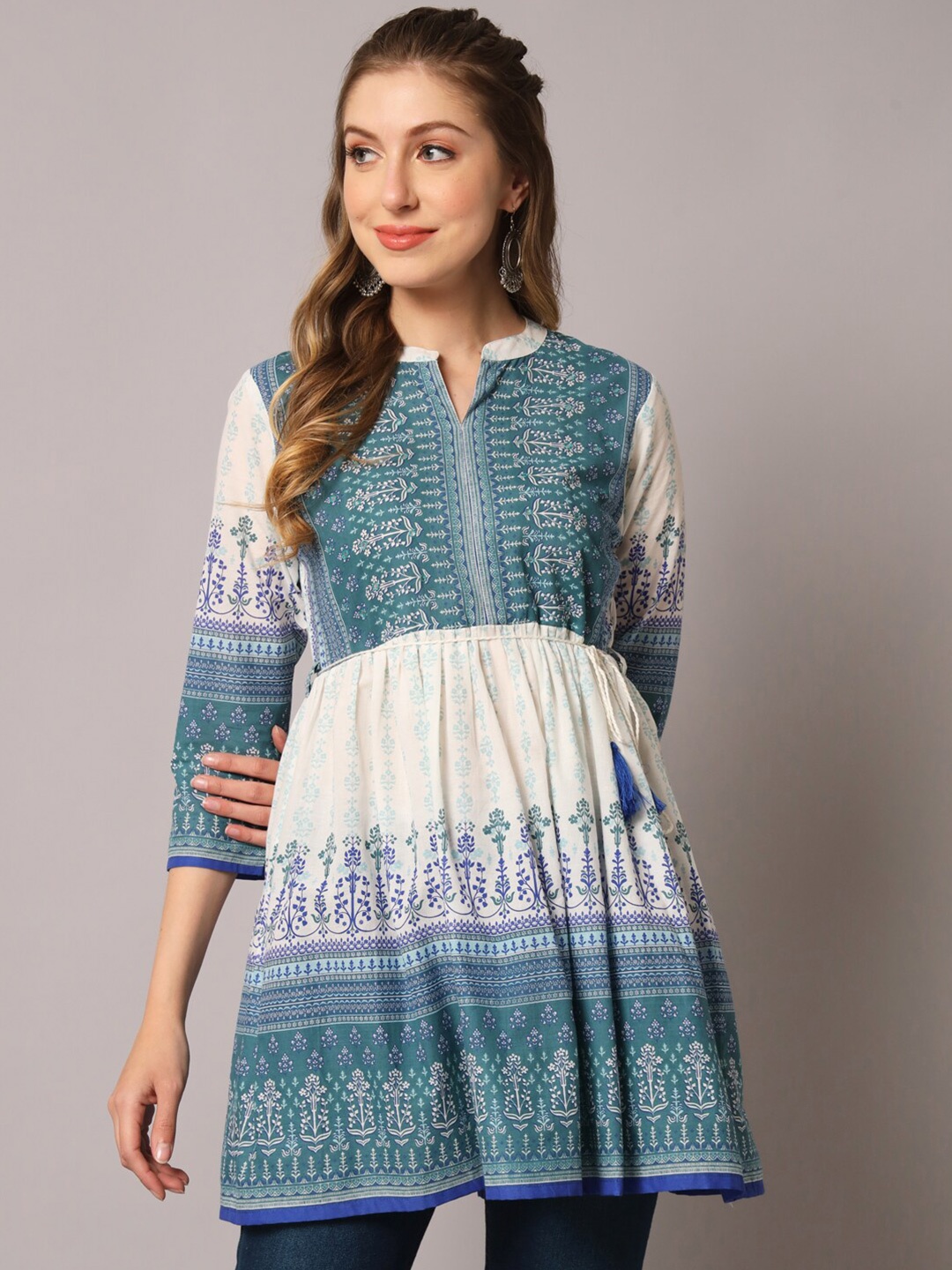 

PREKSHA Floral Printed Pure Cotton Pleated Kurti, White