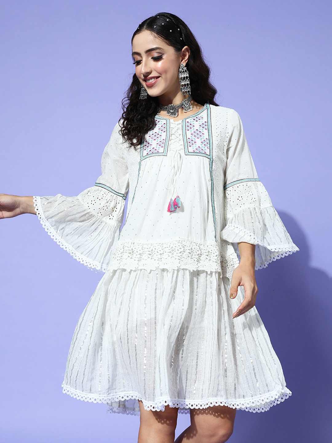 

Ishin White Schiffli Self Design Tie-Up Neck Bell Sleeves Cotton Drop-Waist Dress