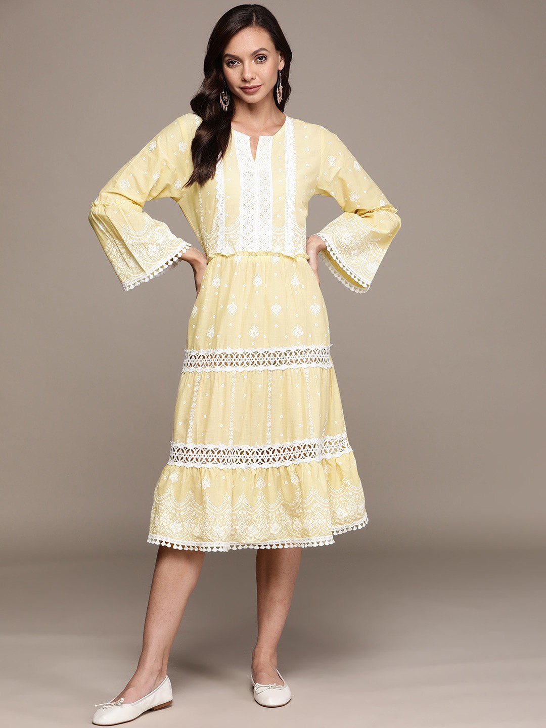 

Ishin Yellow Ethnic Motifs A-Line Midi Dress