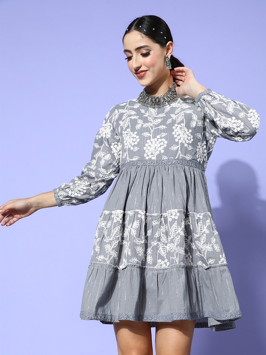 

Ishin Floral Cotton Dress, Grey