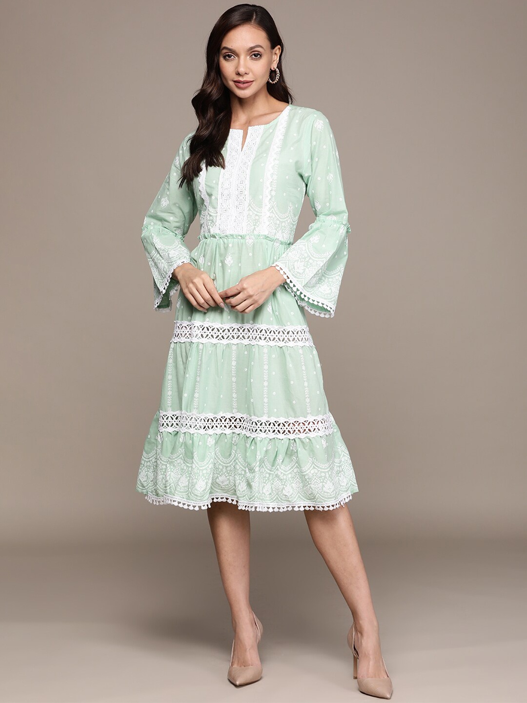 

Ishin Embroidered Cotton A-Line Dress, Green