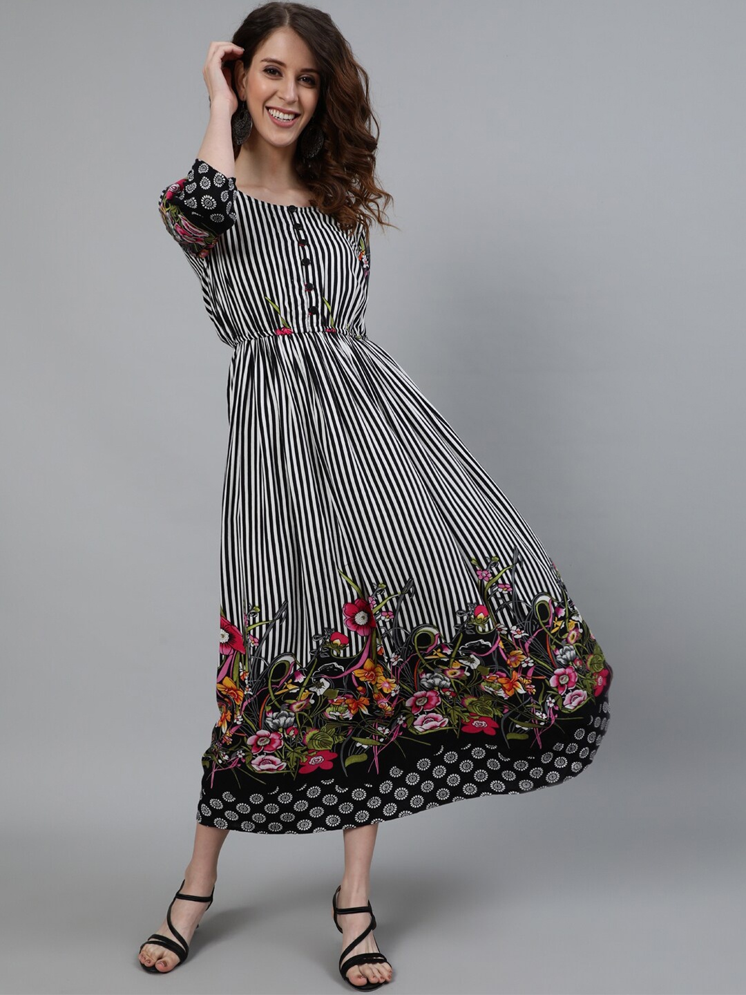 

Ishin Black Floral Printed Maxi Fit And Flare Dress