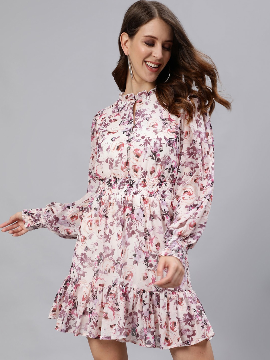 

Ishin Floral Keyhole Neck Georgette Dress, Beige