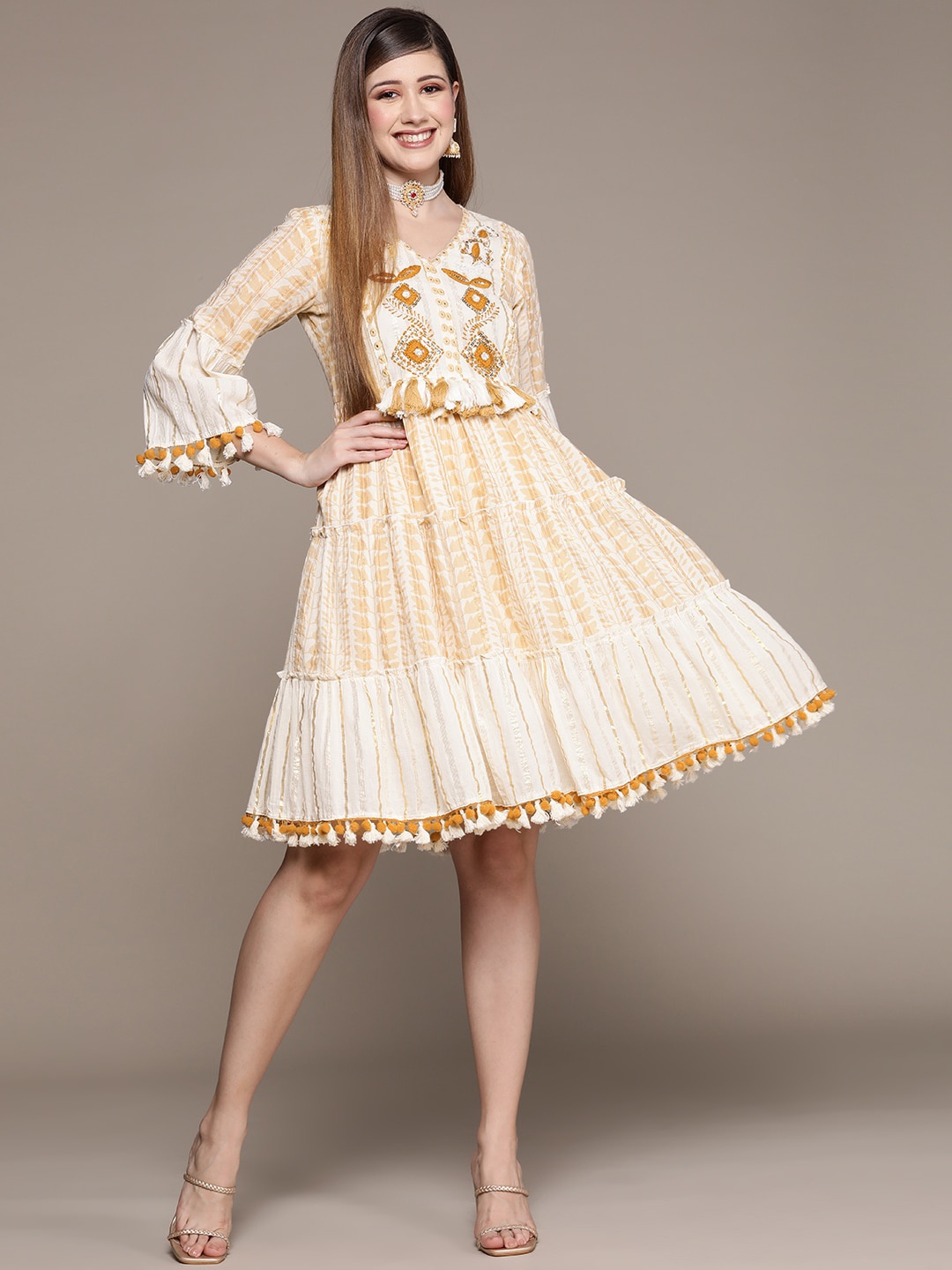 

Ishin Ethnic Motifs Print Sequined Cotton Dress, Off white