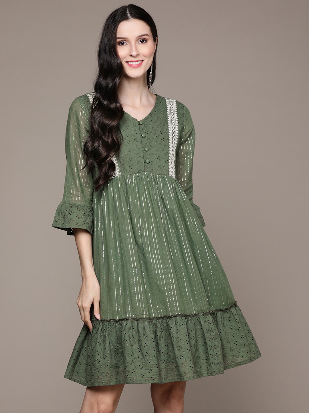 

Ishin V-Neck Schiffli Embroidered Fit & Flare Cotton Dress, Green