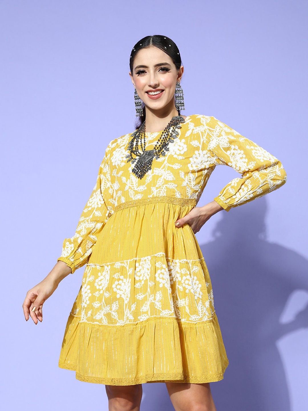 

Ishin Mustard Floral Embroidered Round Neck A-Line Cotton Dress