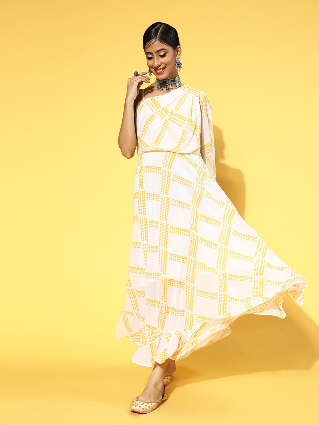 

Prakrti Checked Maxi Cotton Dress, White