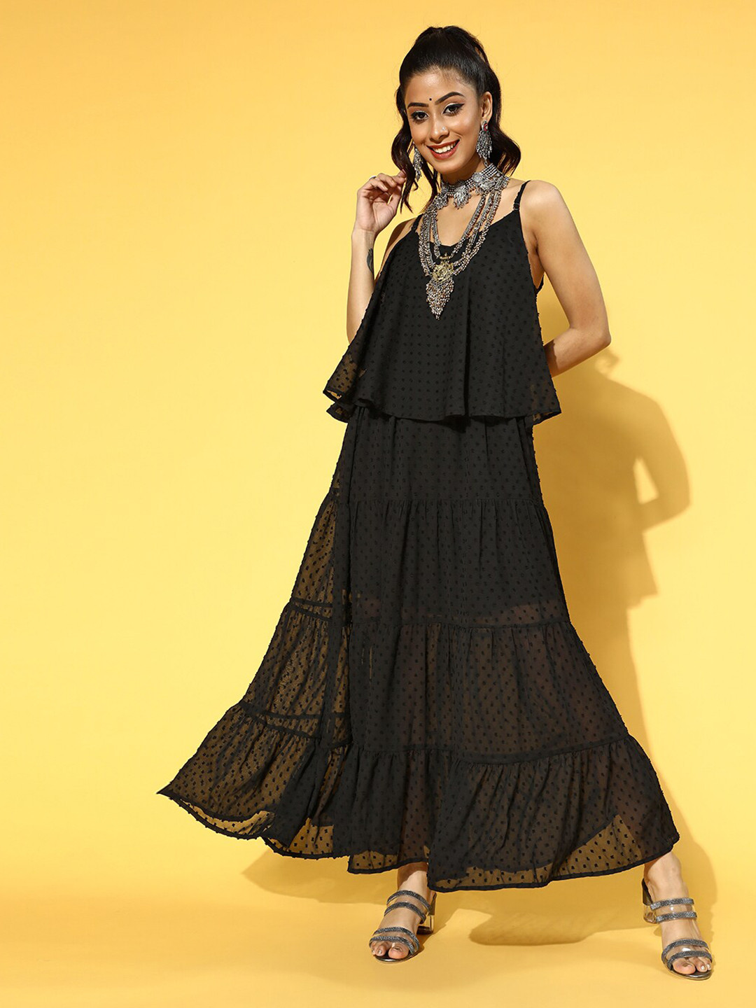 

Prakrti Self Design Shoulder Strap Fit And Flare Maxi Dress, Black