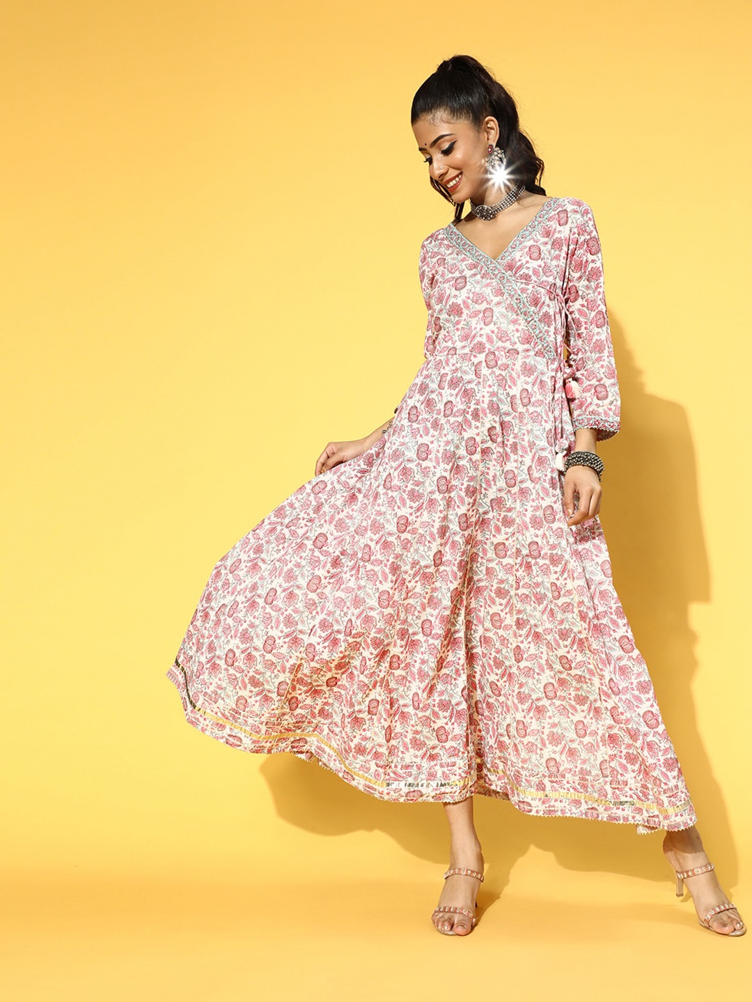 

Prakrti Floral Printed Wrap Maxi Cotton Dress, Off white