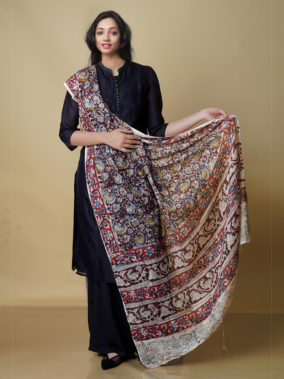 

Unnati Silks Ethnic Motifs Printed Pure Cotton Kalamkari Dupatta, Coffee brown