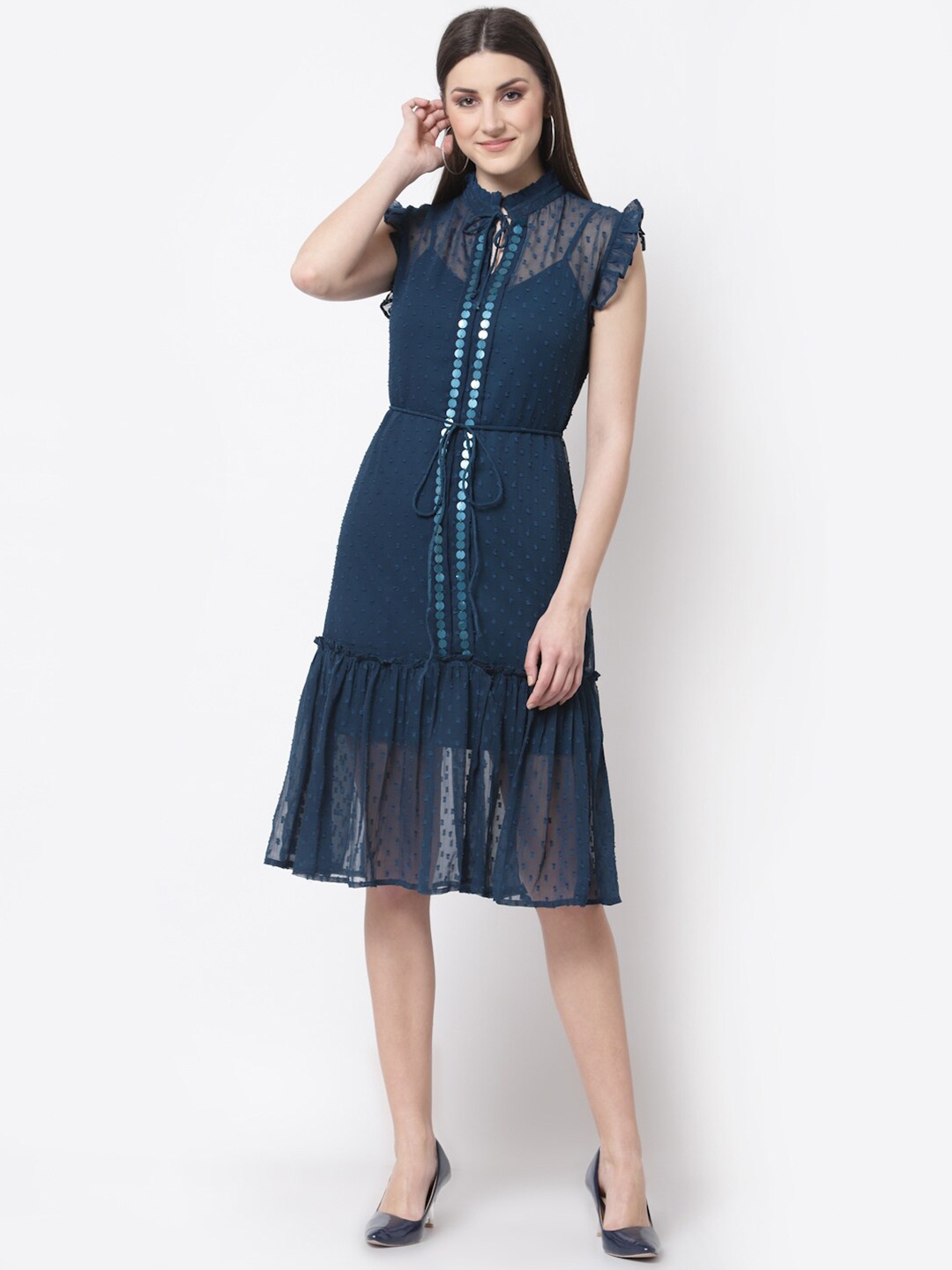 

BLANC9 Self Design Shirt Dress, Turquoise blue