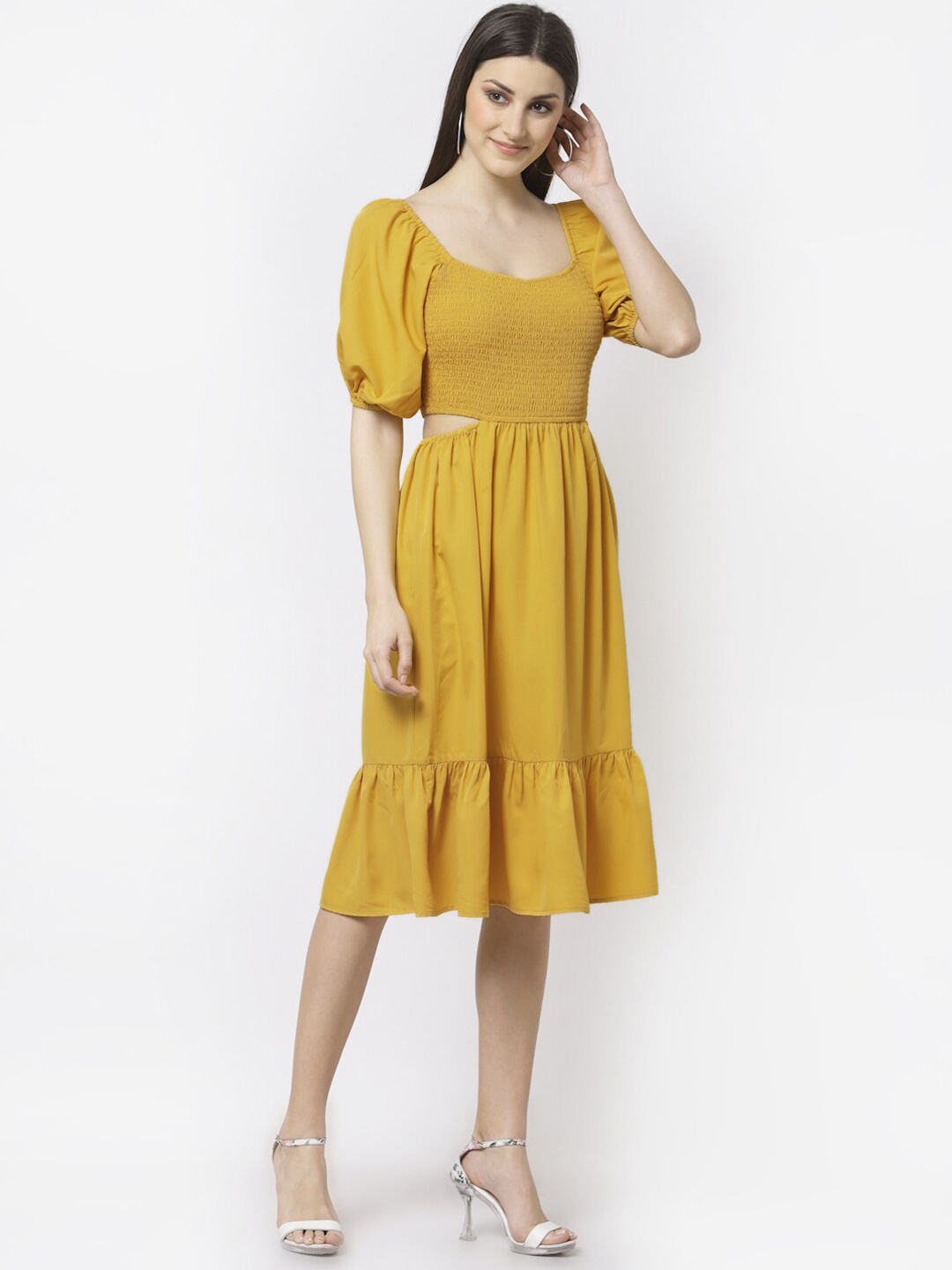 

BLANC9 Cut-Outs Smocked Puff Sleeves Fit And Flare Dress, Yellow