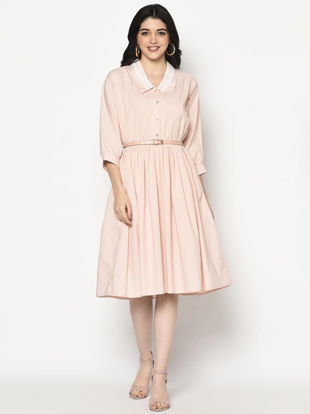 

BLANC9 Belted Shirt Collar Fit And Flare Dress, Peach