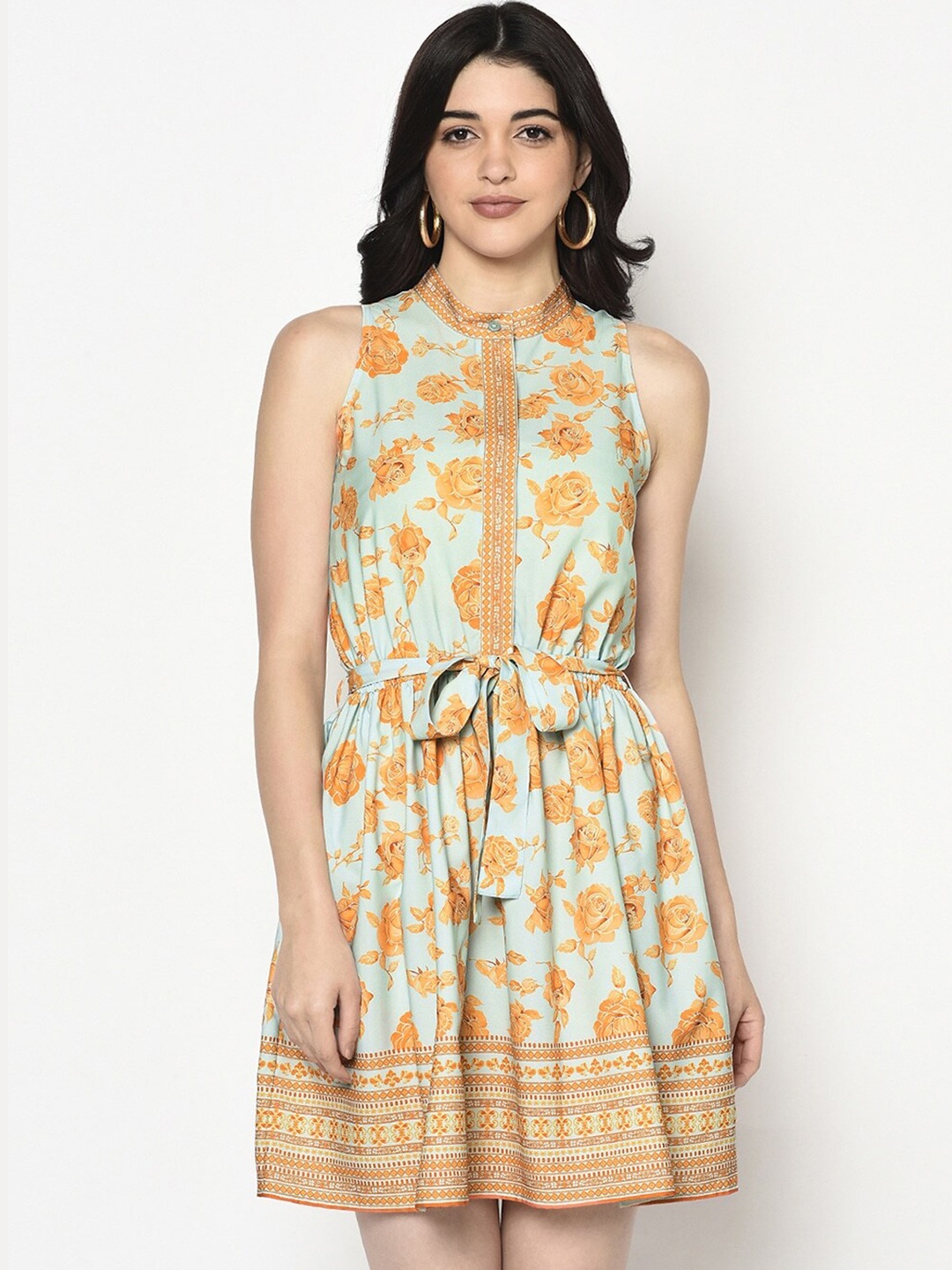 

BLANC9 Floral printed Tie-Ups Sleeveless Fit And Flare Dress, Blue