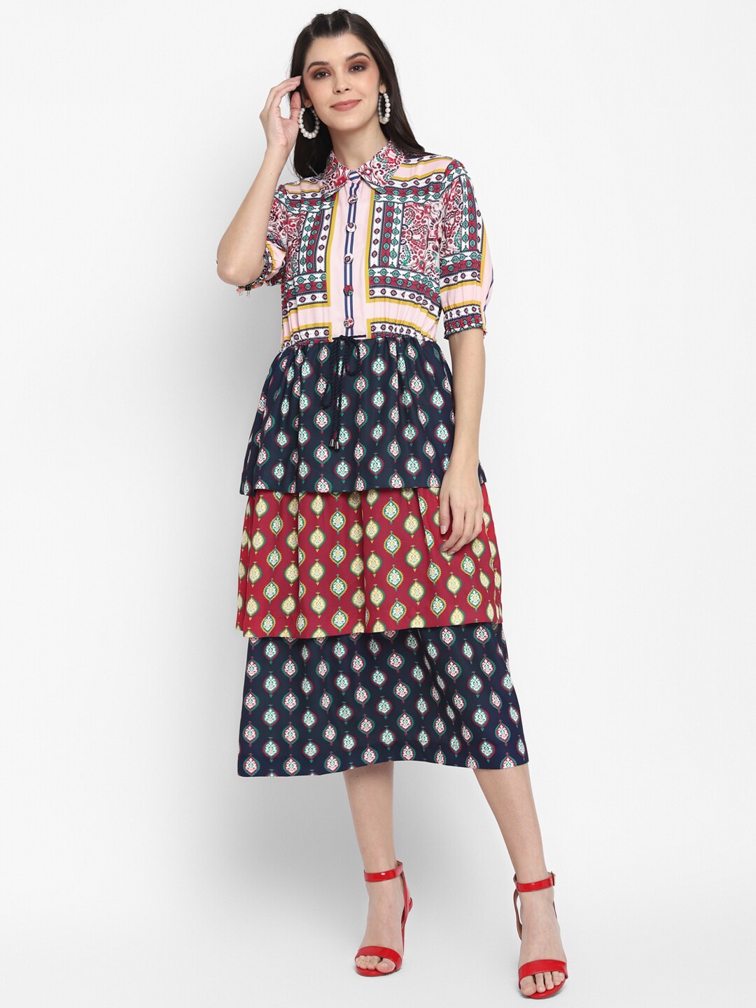 

BLANC9 Ethnic Motifs Layered A-Line Midi Dress, Navy blue