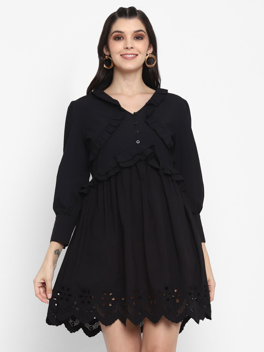 

BLANC9 Cuffed Sleeve Ruffled Cotton Dress, Black