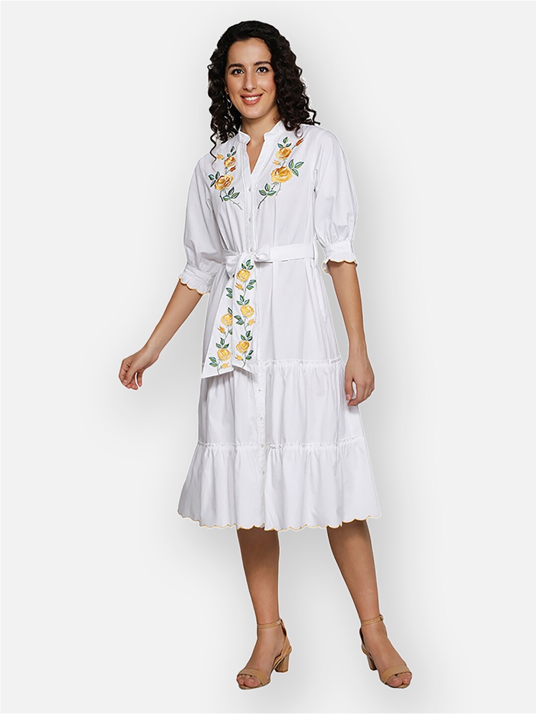 

BLANC9 Floral Embroidered A-Line Cotton Dress, White