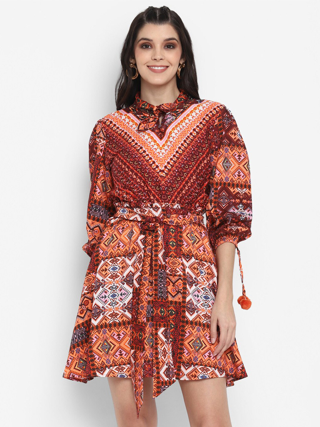 

BLANC9 Ethnic Motifs Printed Tie Up Neck Cotton Dress, Red