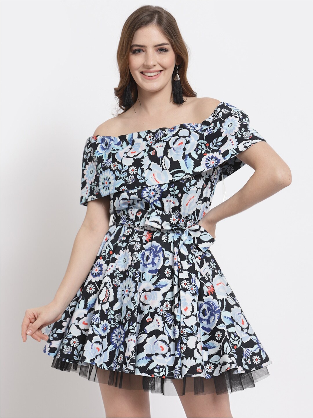 

BLANC9 Floral Printed Off-Shoulder Mini Fit And Flare Dress, Black