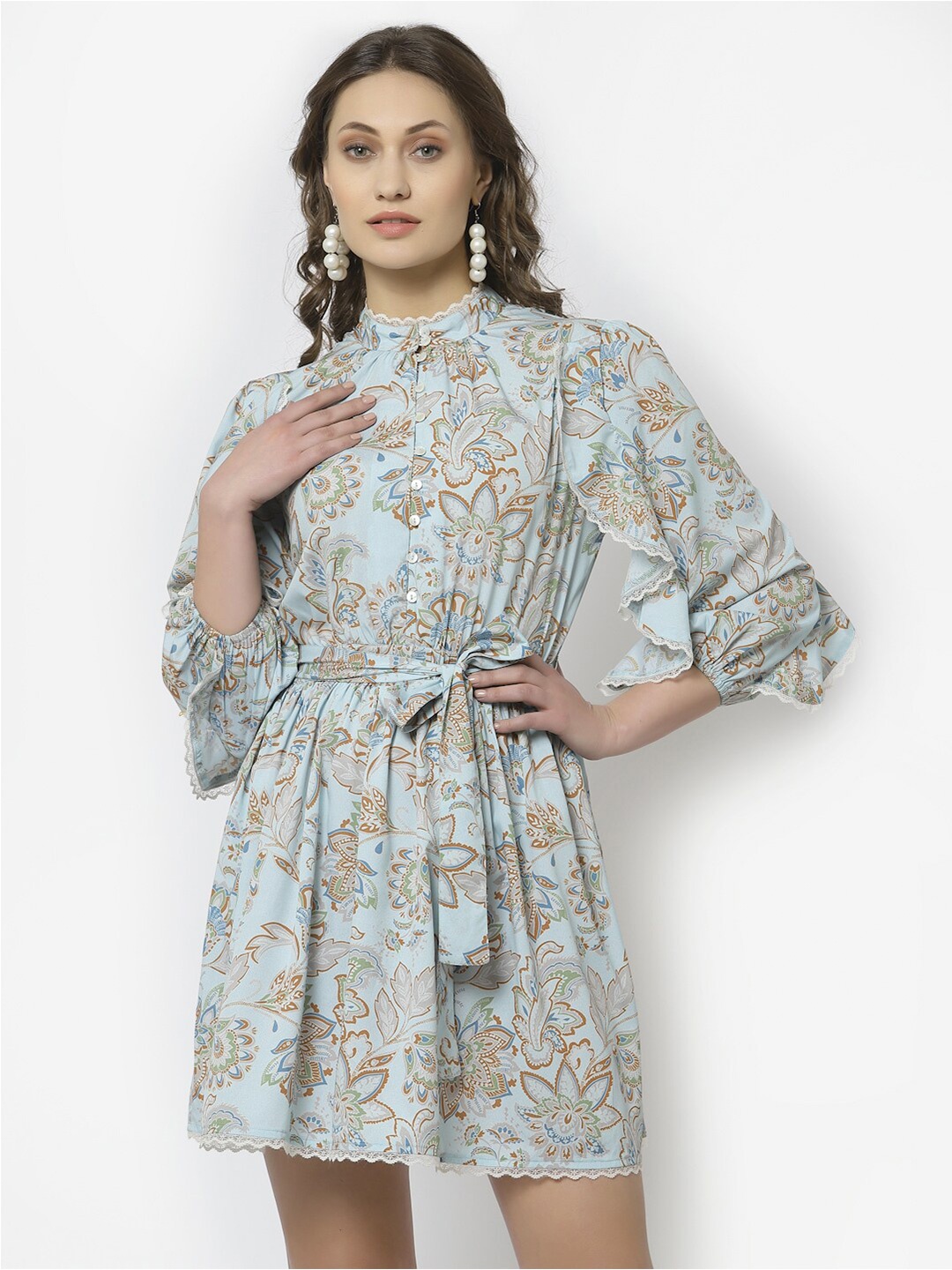 

BLANC9 Floral Printed Mandarin Collar A Line Dress, Blue
