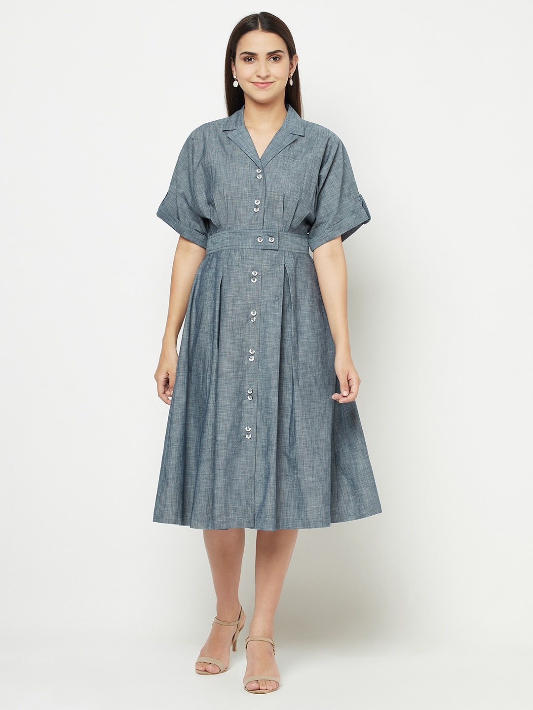 

BLANC9 Shirt Collar Fit And Flare Cotton Dress, Grey