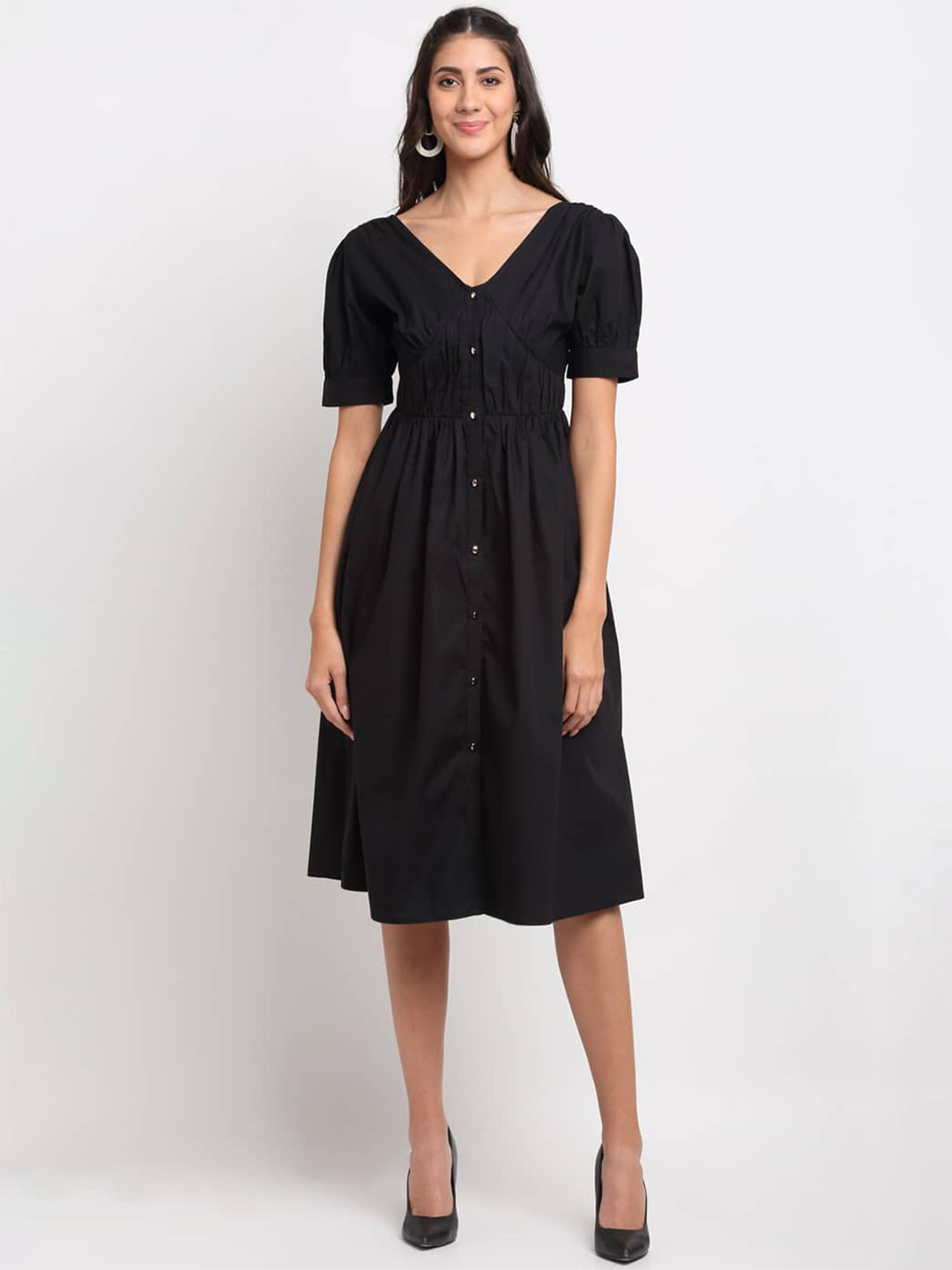 

BLANC9 V-Neck Cotton Dress, Black