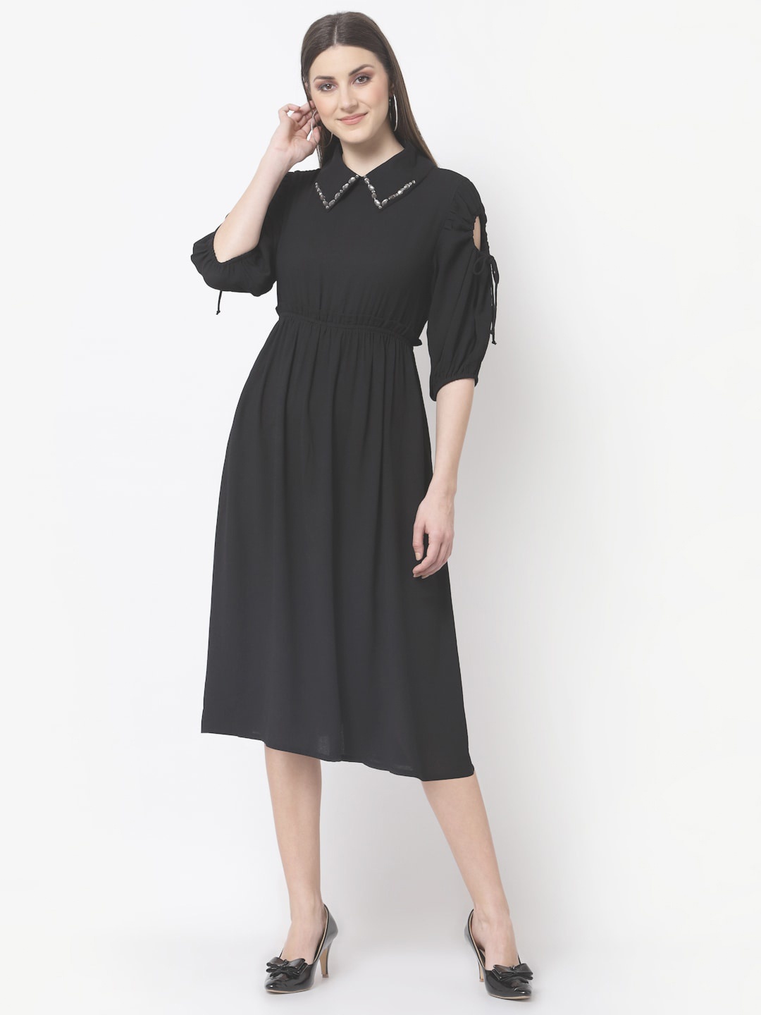 

BLANC9 Shirt Collar Tie-Ups Midi Dress, Black