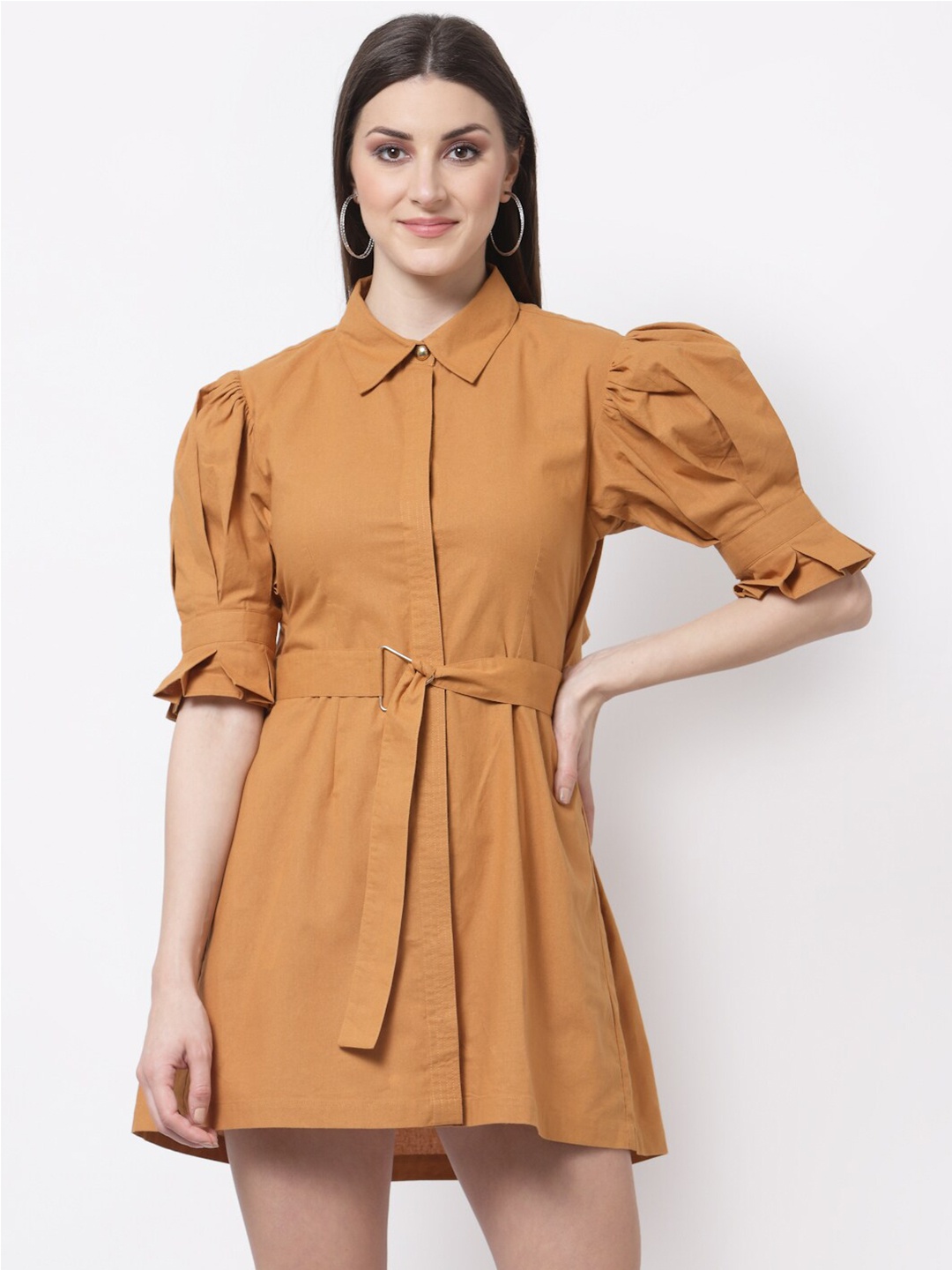 

BLANC9 Puff Sleeved Shirt Mini Cotton Dress, Mustard