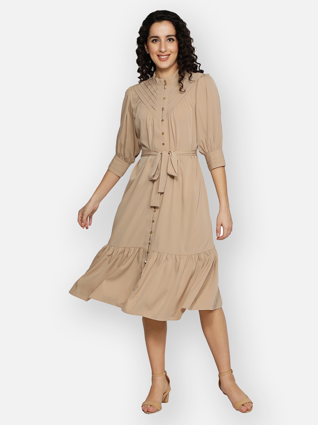 

BLANC9 Mandarin Collar A-Line Midi Dress, Beige