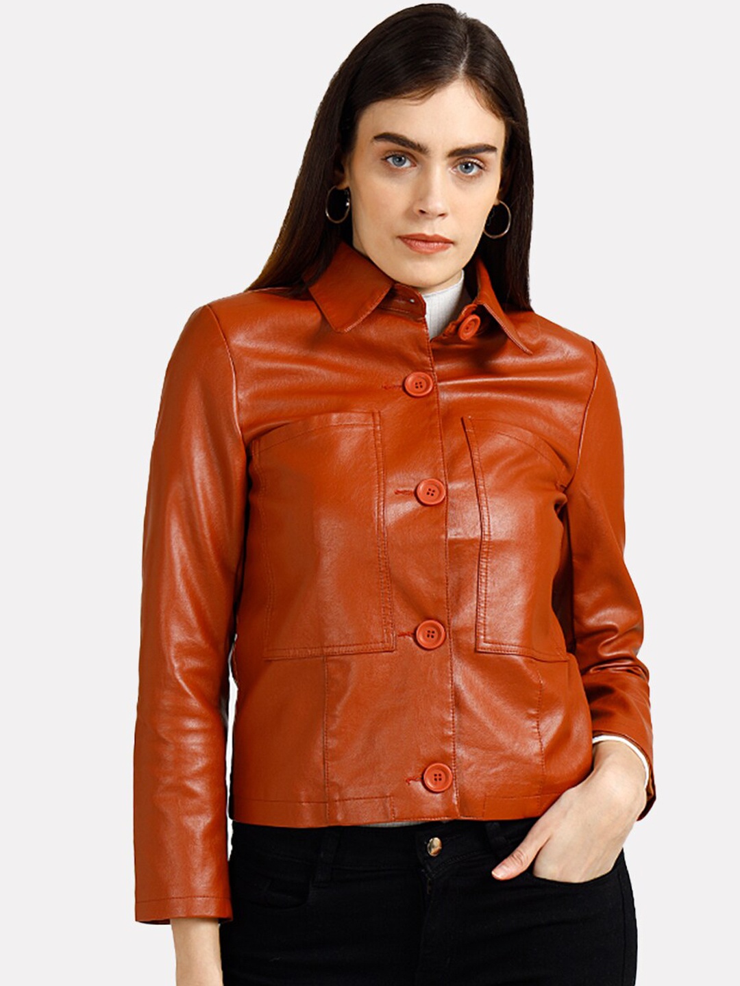 

iki chic Women Spread Collar Pocket-Detail Leather Jacket, Brown