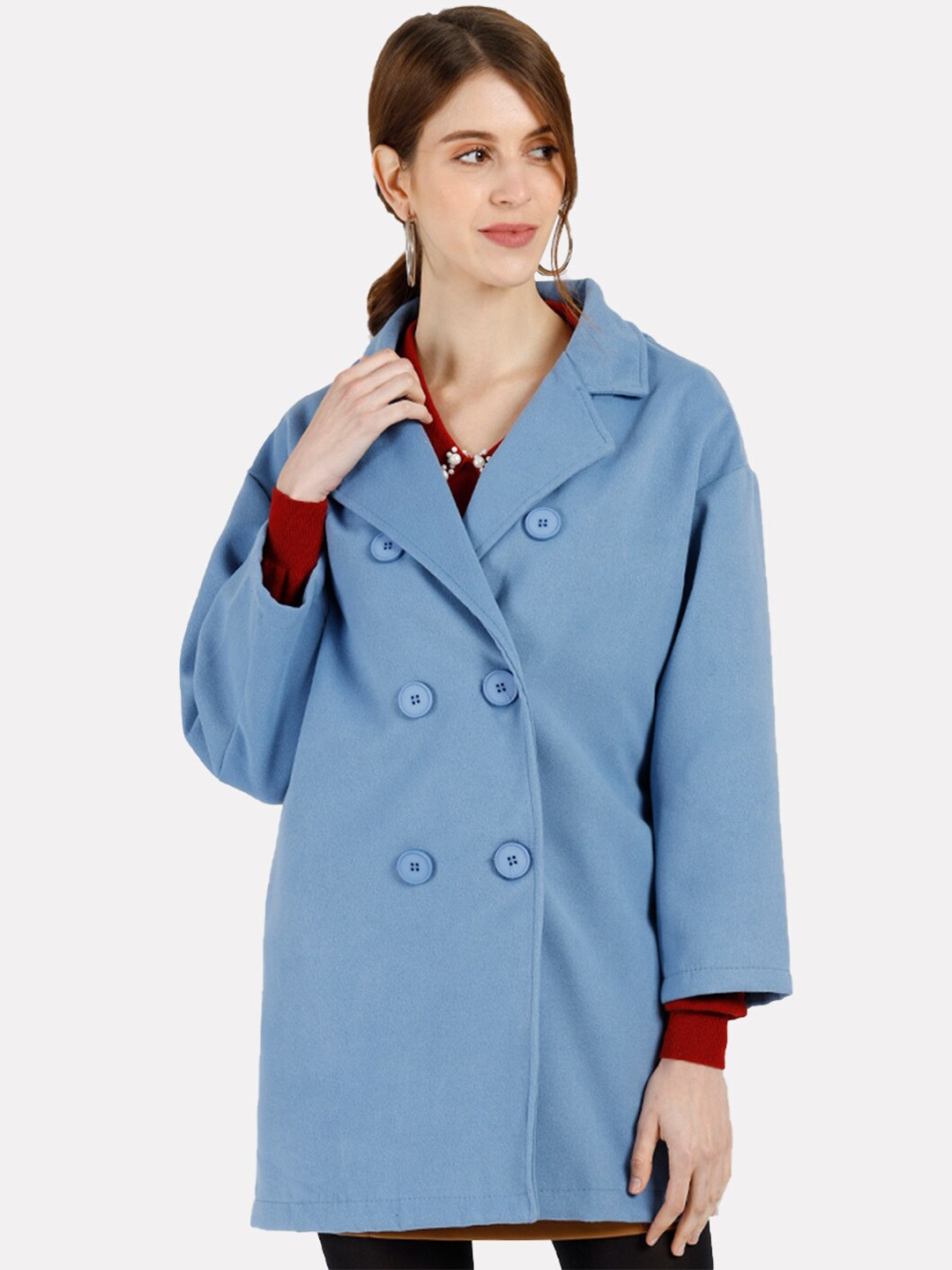 

iki chic Women Double-Breasted Woolen Overcoat, Blue