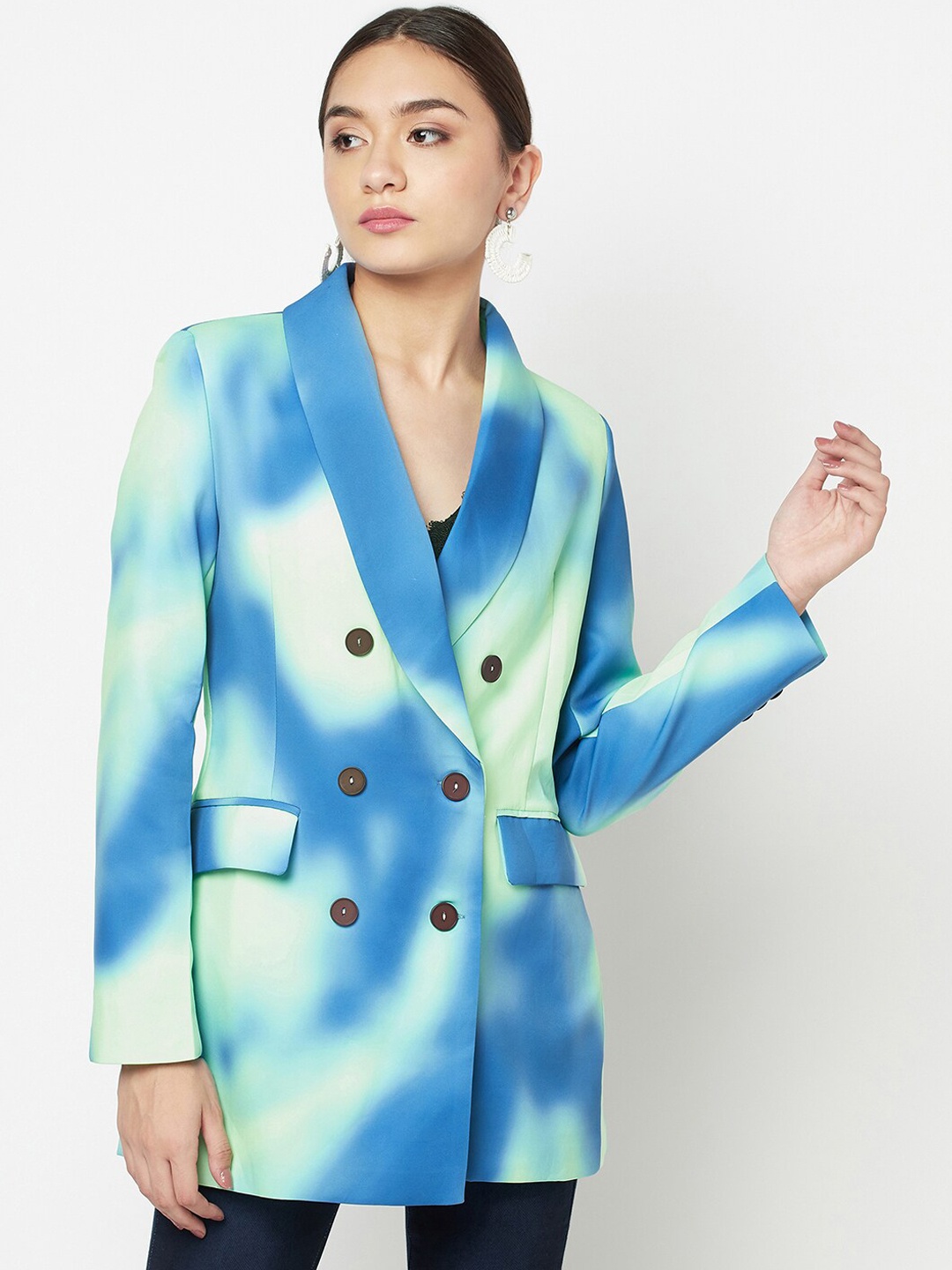 

iki chic Women Tie-Dye Double Breasted Blazer, Blue