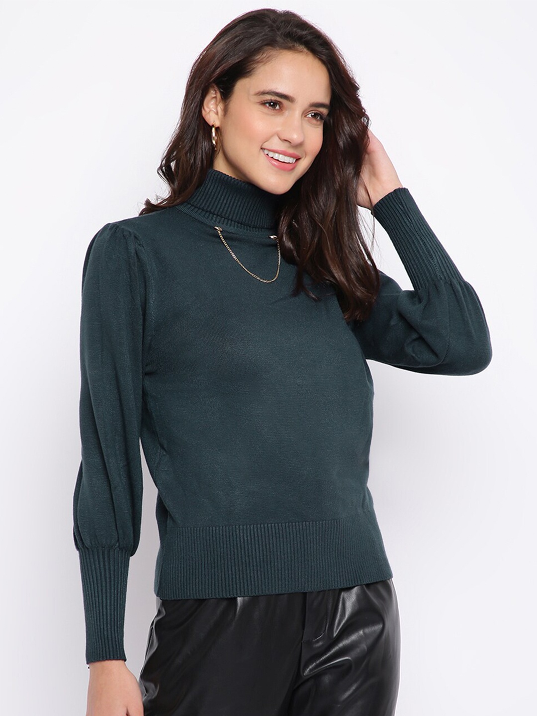 

iki chic Women Turtle Neck Wool Pullover With Chain Detail, Blue