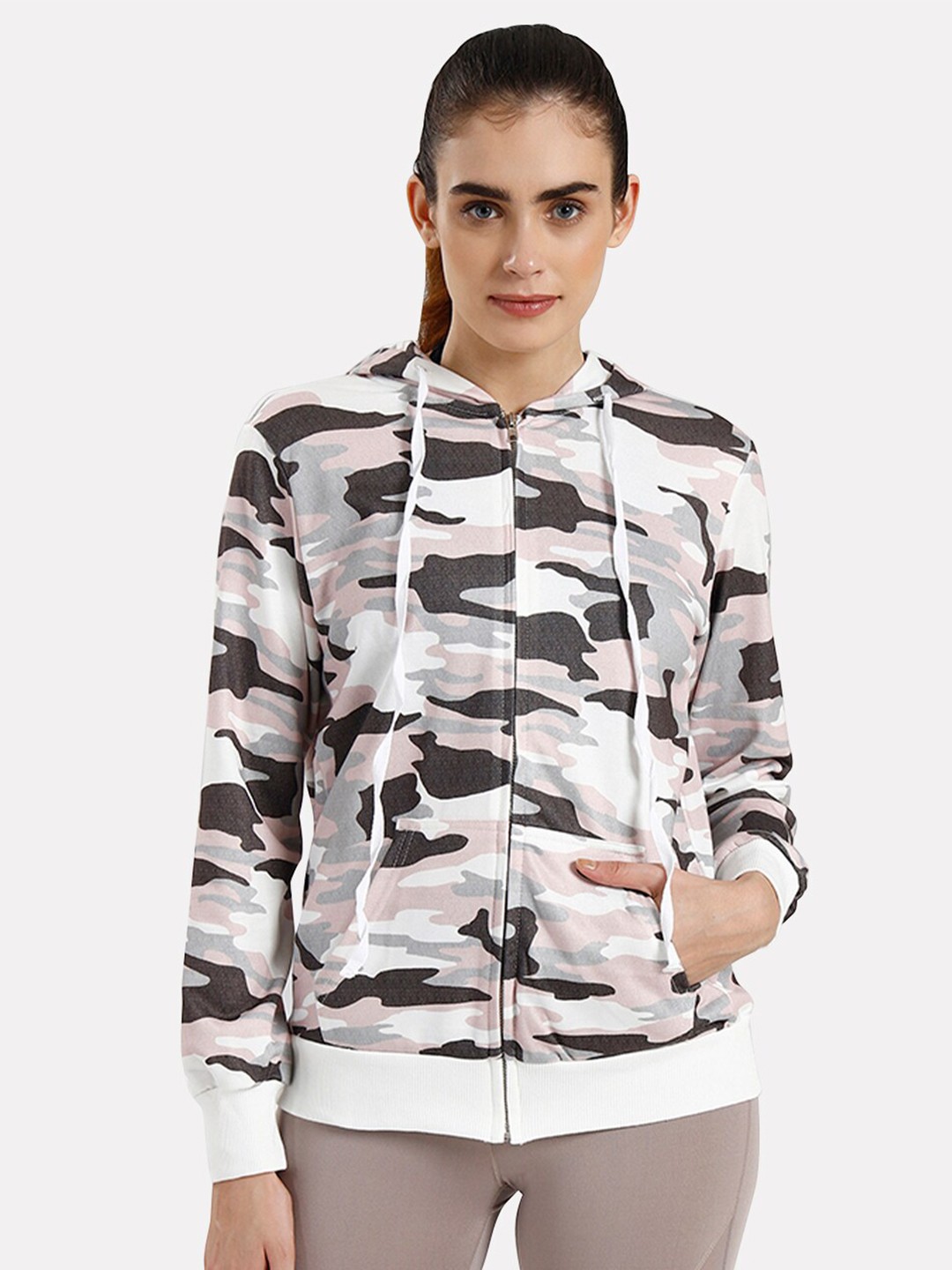 

iki chic Women Camouflage Printed Hooded Cotton Sweatshirt, White