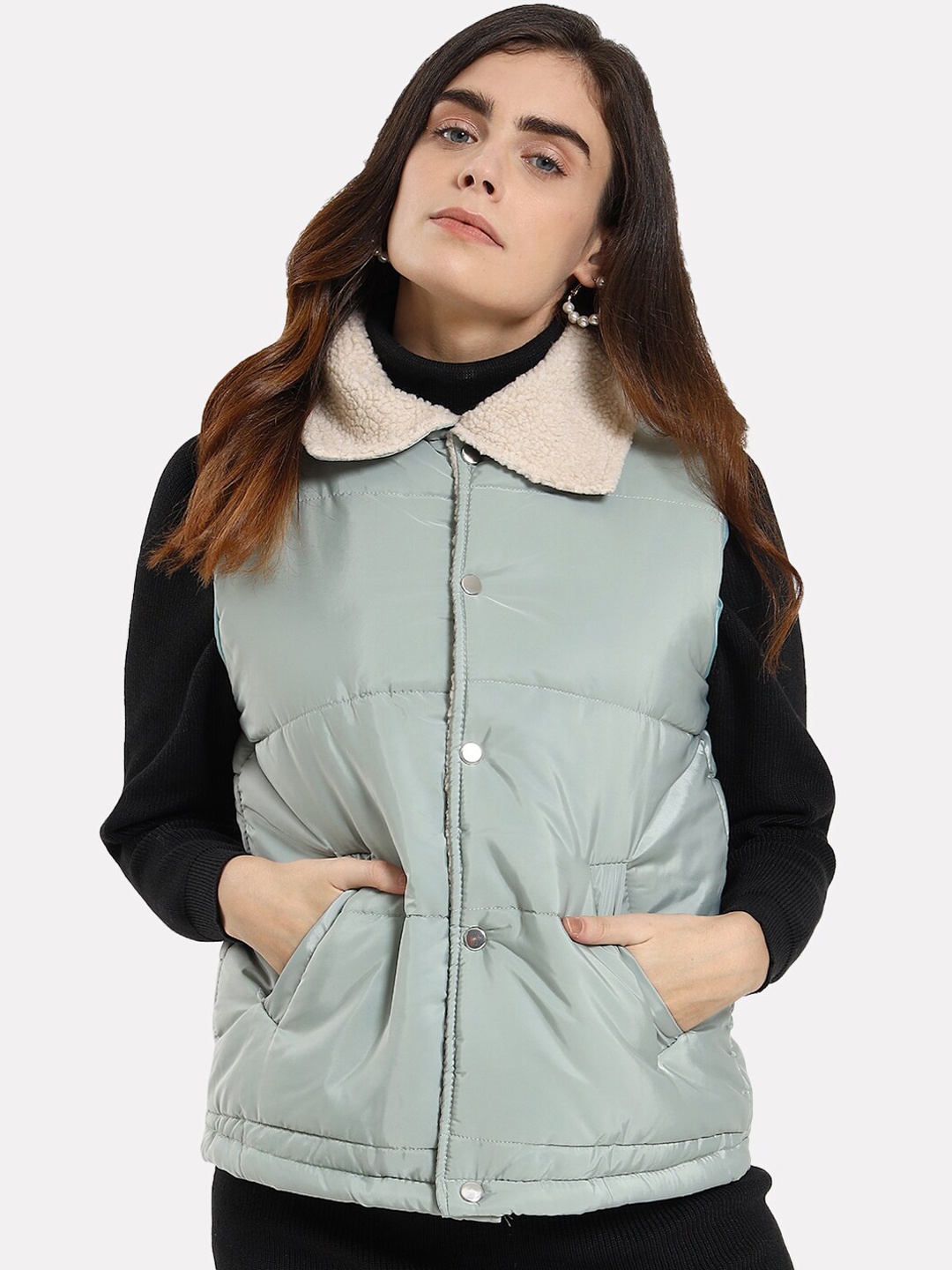 

iki chic Women Sleeveless Puffer Jacket, Sea green