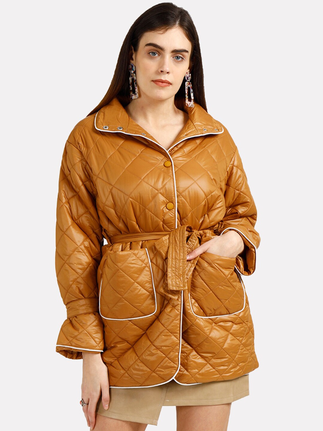 

iki chic Women Belted Quilted Jacket, Brown